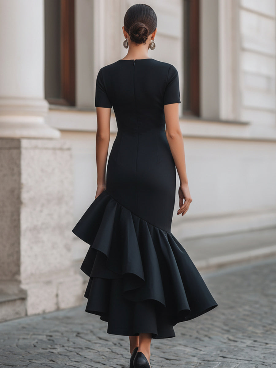 Enchora Black Short Sleeve Tiered Ruffle Mermaid Midi Dress