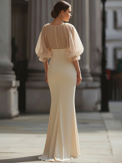 Enchora Sheer Puff Sleeve Gathered Mermaid Evening Maxi Dress